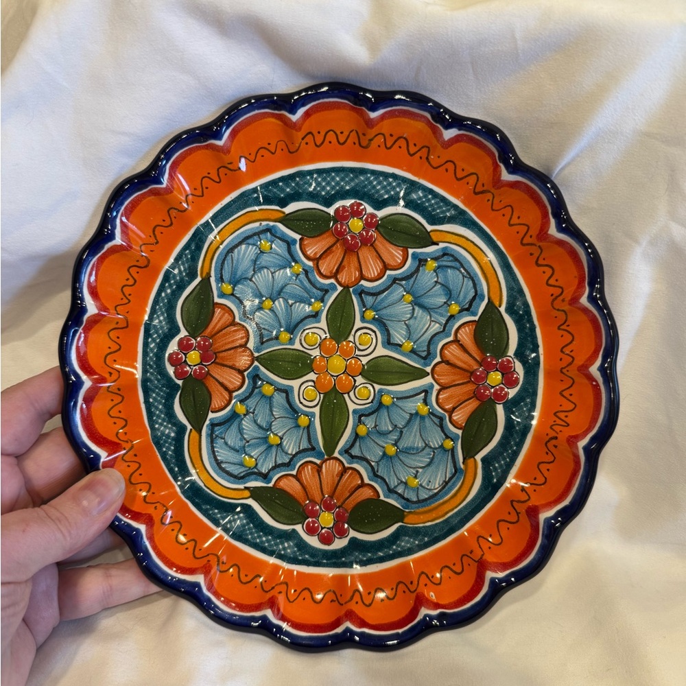 Handpainted Mexican Terracotta Decorative Plate - Bright Floral Motif